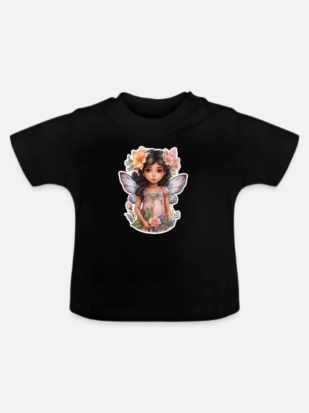 Kleine Fee mit Blumen - Baby Bio-T-Shirt mit Rundhals - Schwarz