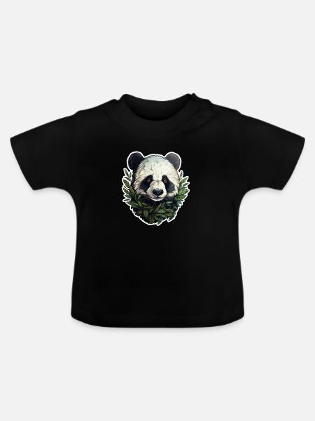 Panda schaut aus Blättern - Baby Bio-T-Shirt mit Rundhals - Schwarz