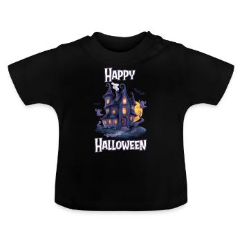 Halloween – Happy Halloween gruseliges Geisterhaus - Baby Bio-T-Shirt mit Rundhals - Schwarz - Vorne