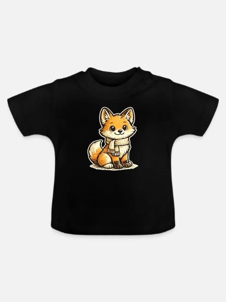 Wärmender Fuchs mit Schal - Baby Bio-T-Shirt mit Rundhals - Schwarz