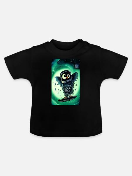 Surfing Green Space Owl - Baby Bio-T-Shirt mit Rundhals - Schwarz