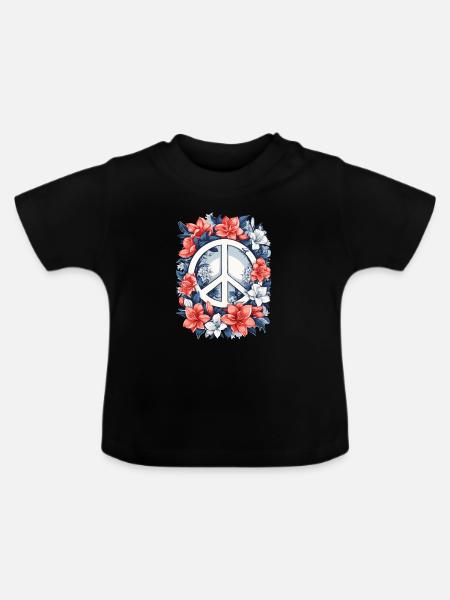 Friedenszeichen mit Blumen - Baby Bio-T-Shirt mit Rundhals - Schwarz