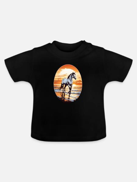 Pferd am Strand - Baby Bio-T-Shirt mit Rundhals - Schwarz