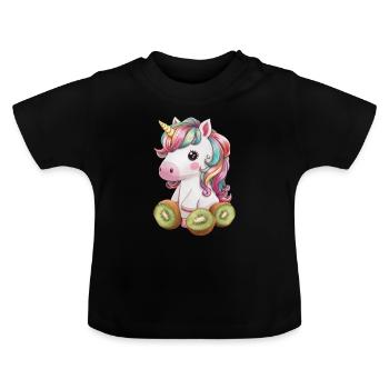 Cartoon Kawaii Unicorn with Kiwi - Baby Organic T-Shirt with Round Neck - black - Front