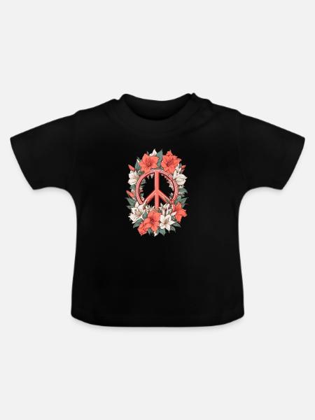 Friedenszeichen mit Amaryllis Blumen - Baby Bio-T-Shirt mit Rundhals - Schwarz