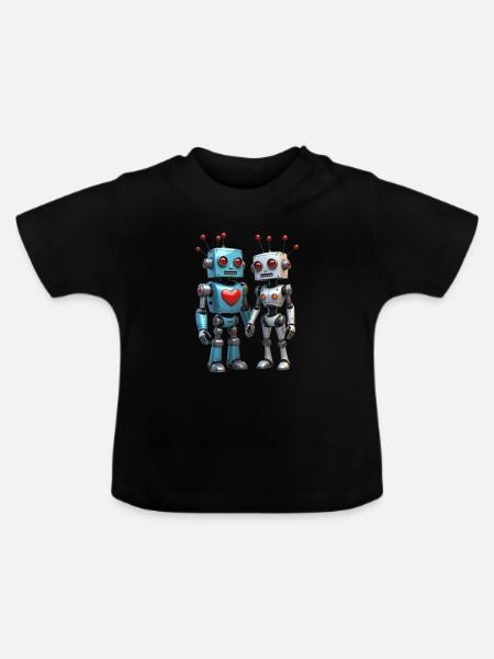 Roboter Pärchen - Baby Bio-T-Shirt mit Rundhals - Schwarz