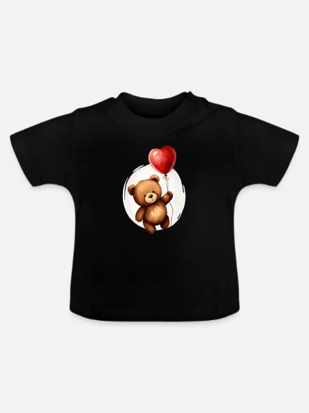 Bär mit Ballon - Baby Bio-T-Shirt mit Rundhals - Schwarz