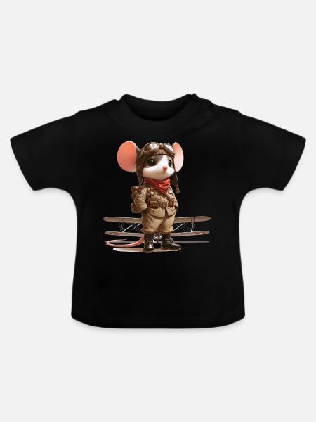 Cute Mouse Pilot - Baby Bio-T-Shirt mit Rundhals - Schwarz