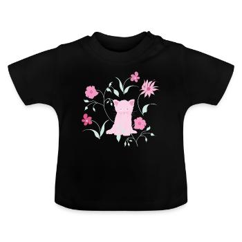 Eine süße Katze mit Blumen und Pflanzen. - Baby Bio-T-Shirt mit Rundhals - Schwarz - Vorne