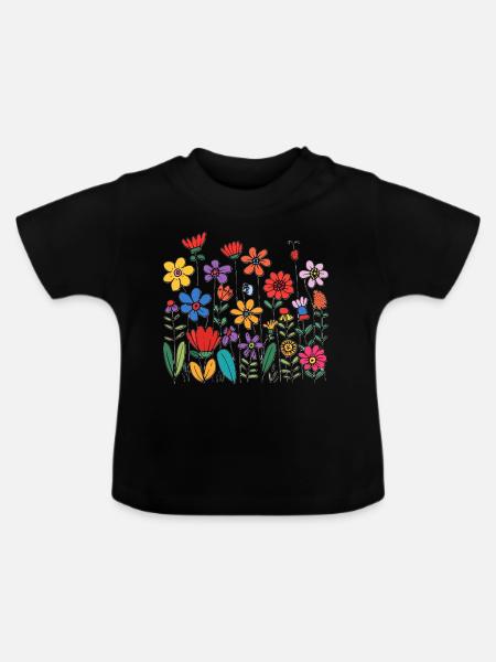 Bunte Blumen - Baby Bio-T-Shirt mit Rundhals - Schwarz