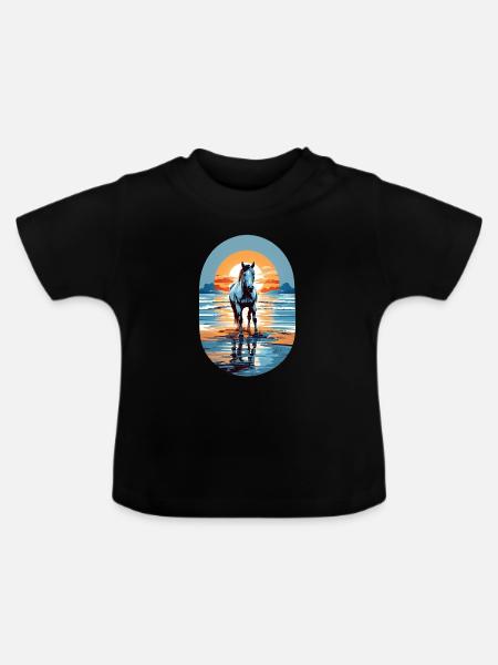 Pferd am Strand - Baby Bio-T-Shirt mit Rundhals - Schwarz
