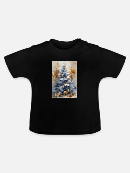 Blauer Weihnachtsbaum und Hirsch - Baby Bio-T-Shirt mit Rundhals - Schwarz