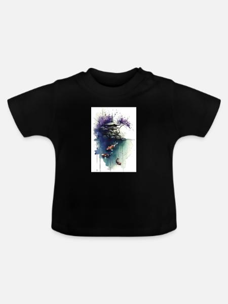 Aquarell-Koi und Kirschpagode - Baby Bio-T-Shirt mit Rundhals - Schwarz