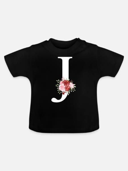 Roter floraler J-Buchstabe - Baby Bio-T-Shirt mit Rundhals - Schwarz