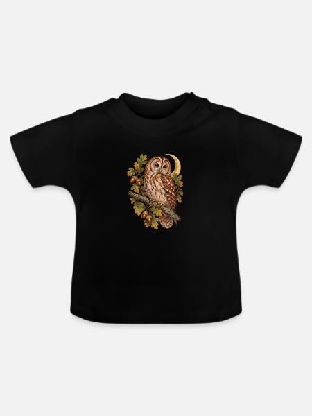 Waldkauz auf Eichenast für Eulenfreunde - Baby Bio-T-Shirt mit Rundhals - Schwarz