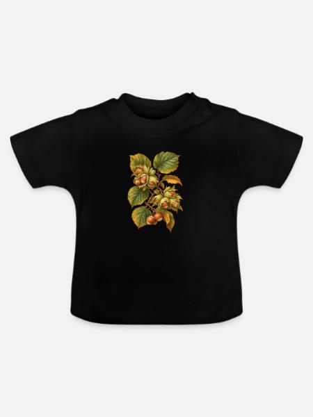 Haselnüsse am Zweig Botanische Illustration - Baby Bio-T-Shirt mit Rundhals - Schwarz