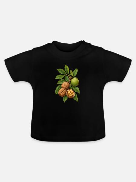 Walnüsse mit Blättern Botanische Illustration - Baby Bio-T-Shirt mit Rundhals - Schwarz