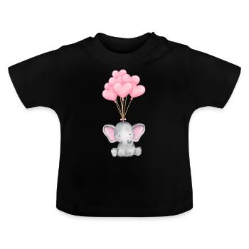 Cute Elephant with Cute Heart Balloons - Baby Organic T-Shirt with Round Neck - black - Front