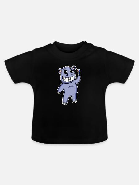 Nilpferd mit Zahnbürste - Baby Bio-T-Shirt mit Rundhals - Schwarz