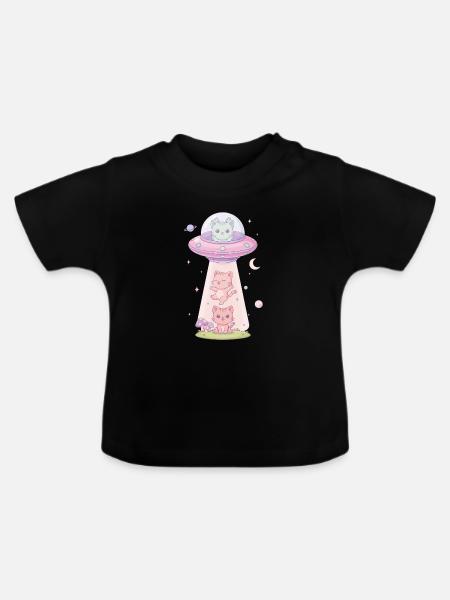 Kawaii Katze im UFO - Baby Bio-T-Shirt mit Rundhals - Schwarz