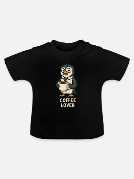 Kaffeeliebhaber Pinguin mit Tasse - Baby Bio-T-Shirt mit Rundhals - Schwarz