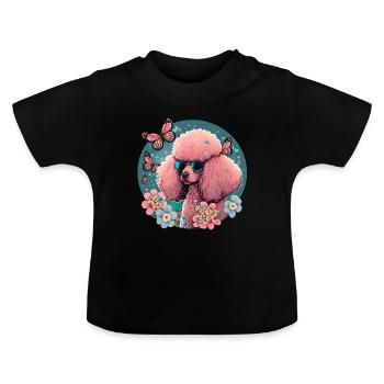 Pink poodle with flowers, butterflies, retro style - Baby Organic T-Shirt with Round Neck - black - Front