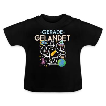 Baby Spruch - Gerade gelandet - Baby Bio-T-Shirt mit Rundhals - Schwarz - Vorne