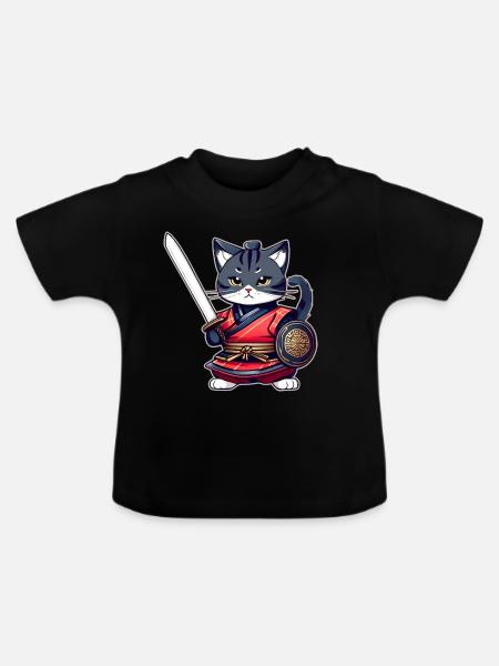 Niedliche Samurai Katze - Baby Bio-T-Shirt mit Rundhals - Schwarz