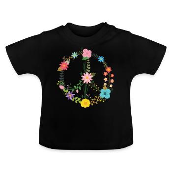 Peace Sign Zeichen mit Blumen - Baby Bio-T-Shirt mit Rundhals - Schwarz - Vorne