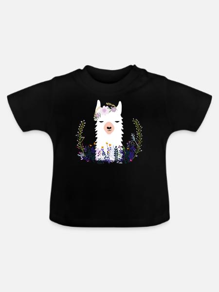 Lama in Blumen - Baby Bio-T-Shirt mit Rundhals - Schwarz