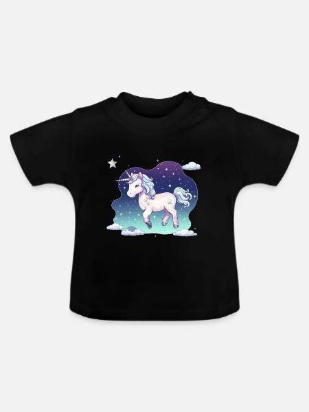 Pastell-Einhorn Sternenhimmel - Baby Bio-T-Shirt mit Rundhals - Schwarz
