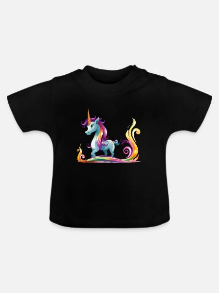 Regenbogen-Einhorn Farbströme - Baby Bio-T-Shirt mit Rundhals - Schwarz