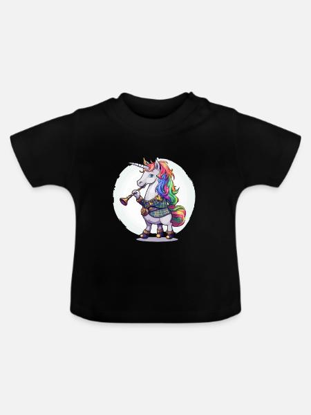 Buntes Einhorn mit Trompete - Baby Bio-T-Shirt mit Rundhals - Schwarz