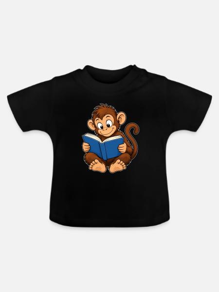 Süßer Affe beim Lesen – Bücherwurm - Baby Bio-T-Shirt mit Rundhals - Schwarz