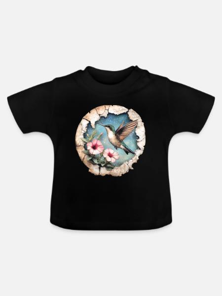 Kolibri mit Blüten - Baby Bio-T-Shirt mit Rundhals - Schwarz