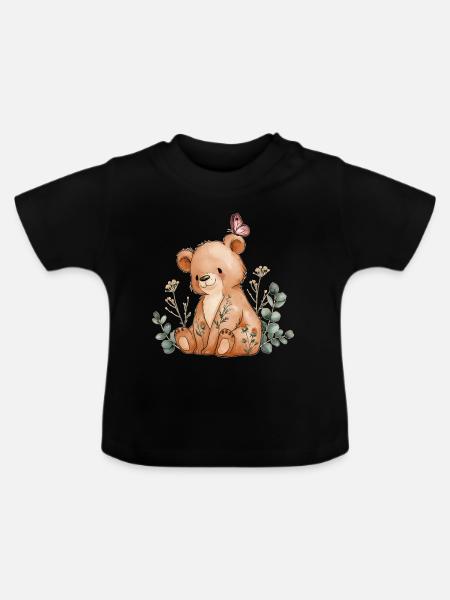 Bär mit Schmetterling - Baby Bio-T-Shirt mit Rundhals - Schwarz
