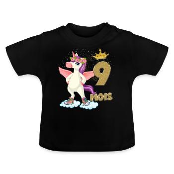 Bébé Fille licorne anniversaire 9 mois Cadeau - T-shirt bio col rond Bébé - noir - Devant