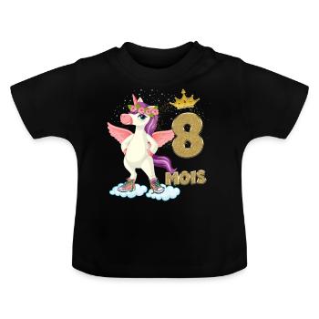 Baby 8 Months Unicorn Magic Birthday Gift - Baby Organic T-Shirt with Round Neck - black - Front