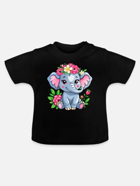 Blumenliebender Babyelefant - Baby Bio-T-Shirt mit Rundhals - Schwarz
