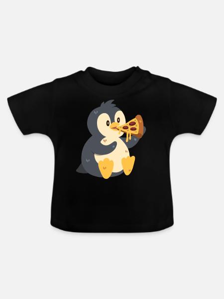 Pinguin mit Pizza - Baby Bio-T-Shirt mit Rundhals - Schwarz