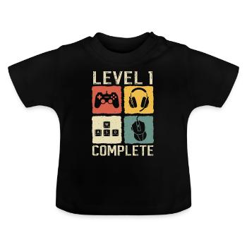 Baby 1.Geburtstag - 1 jahre level 1 complete - Baby Bio-T-Shirt mit Rundhals - Schwarz - Vorne