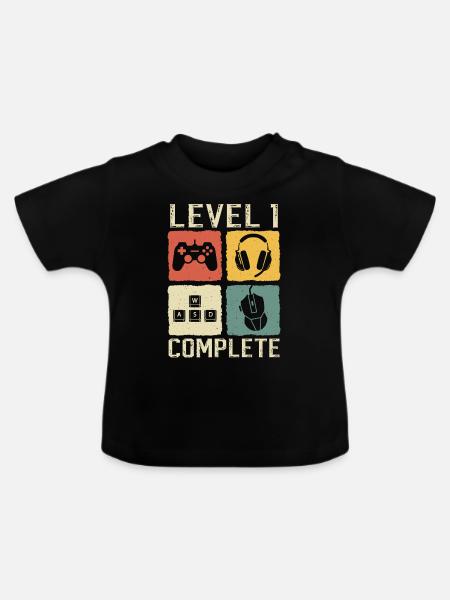 Baby 1.Geburtstag - 1 jahre level 1 complete - Baby Bio-T-Shirt mit Rundhals - Schwarz