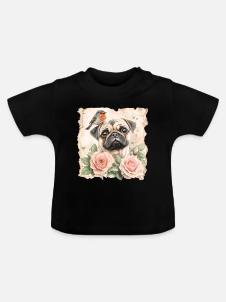Mops und Rotkehlchen - Baby Bio-T-Shirt mit Rundhals - Schwarz