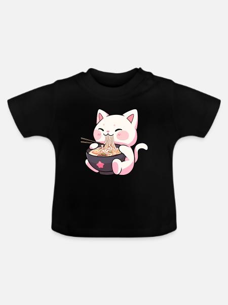 Niedliche Kawaii Katze isst Ramen - Anime Shirt - Baby Bio-T-Shirt mit Rundhals - Schwarz