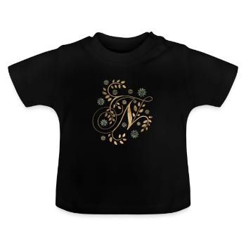Monogramme de calligraphie dorée de luxe avec la lettre N - T-shirt bio col rond Bébé - noir - Devant