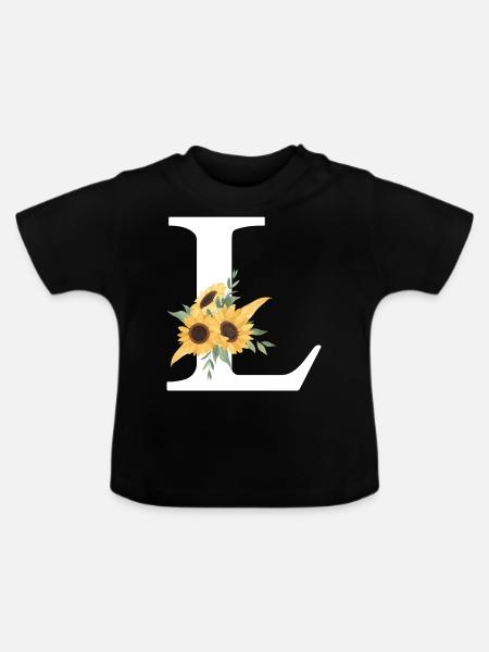 Buchstabe l blumige Sonnenblume - Baby Bio-T-Shirt mit Rundhals - Schwarz