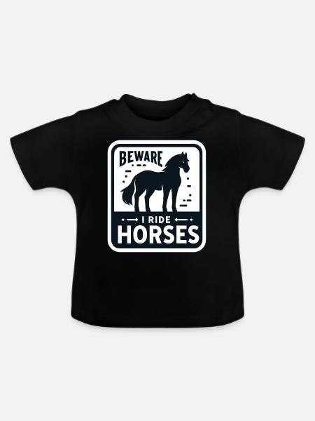 Vorsicht, ich reite Pferde - Baby Bio-T-Shirt mit Rundhals - Schwarz