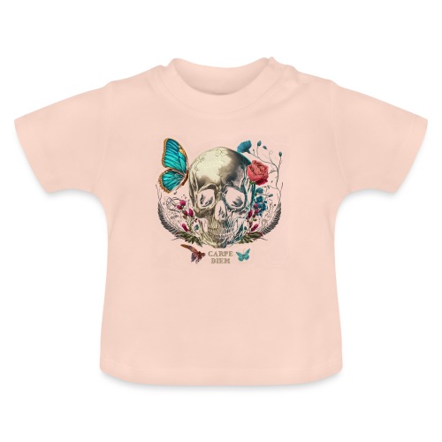 carpe diem - Totenkopf, Schmetterling, Blumen - Baby Bio-T-Shirt mit Rundhals