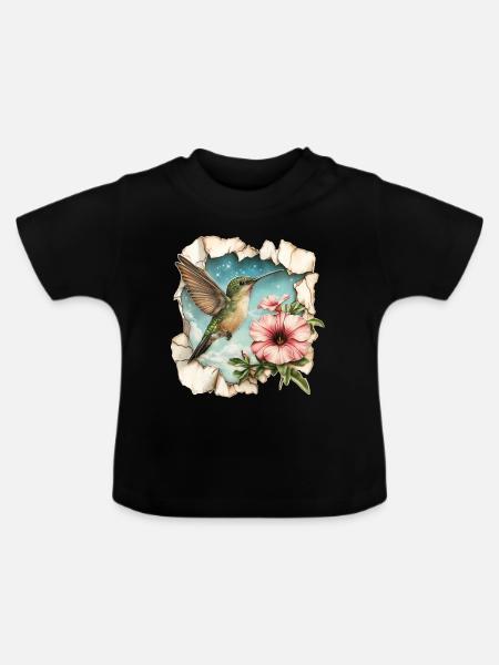 Kolibri mit Blüte - Baby Bio-T-Shirt mit Rundhals - Schwarz