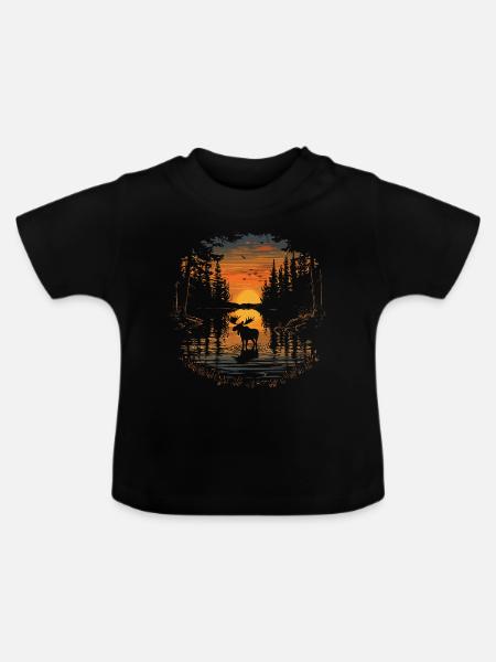 Elch Elche Waldtier Sunset - Baby Bio-T-Shirt mit Rundhals - Schwarz